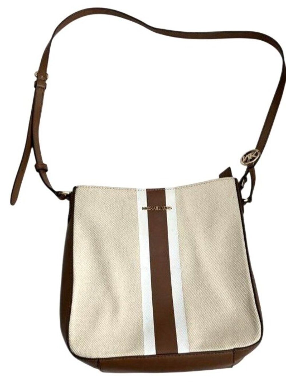 Michael Kors Beige & Brown Canvas Crossbody Bag With Logo Stripe Design